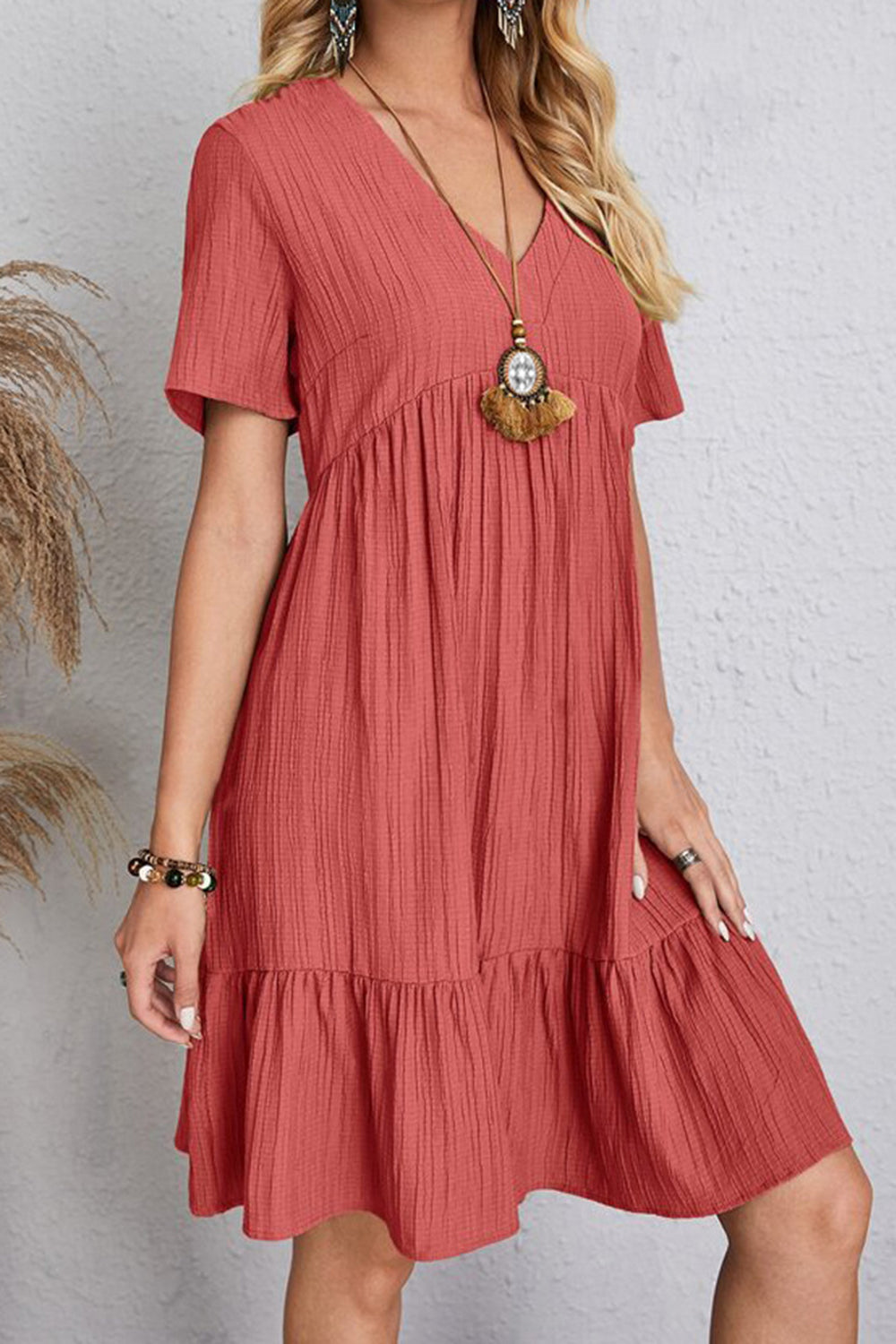 Full Size Ruched V-Neck Short Sleeve Dress Trendsi