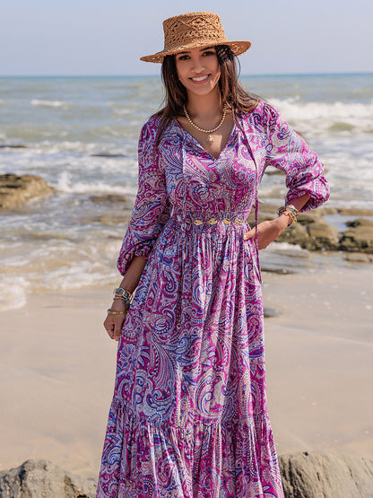 Printed Tie Neck Balloon Sleeve Maxi Dress Trendsi