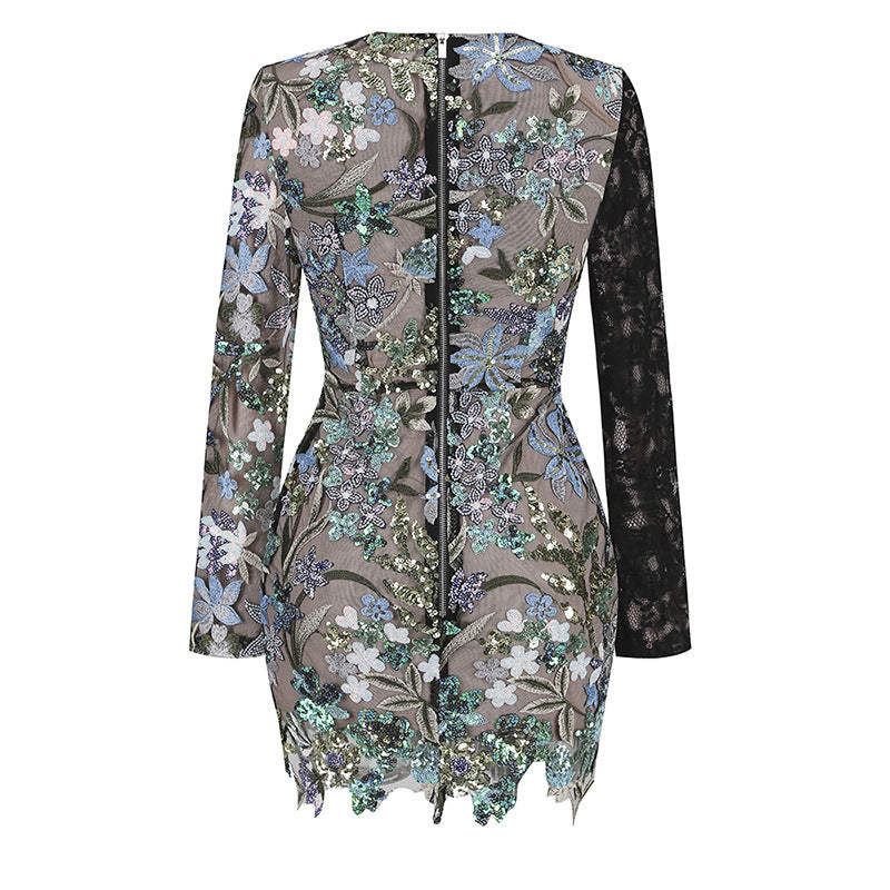 New Sequined Embroidered Round-neck Long-sleeved Dress Hip Skirt For Women Aclosy