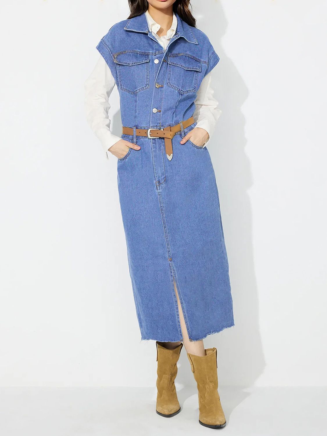 Slit Half Button Collared Neck Cap Sleeve Denim Dress Trendsi