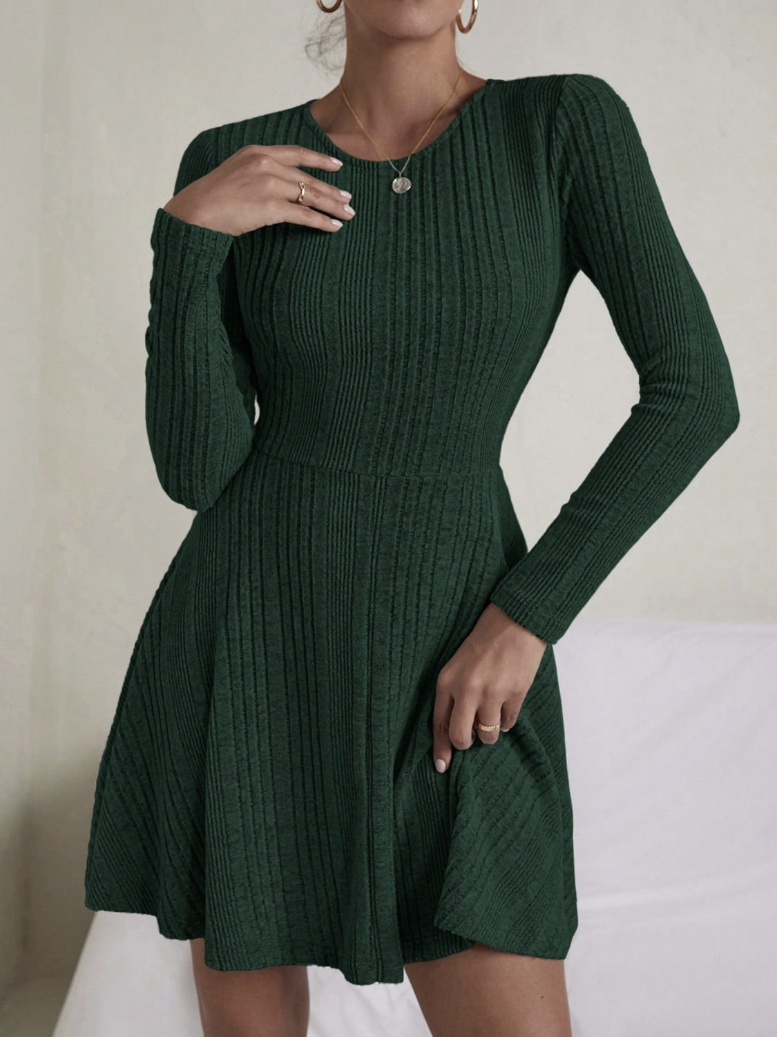 Textured Round Neck Long Sleeve Dress Trendsi