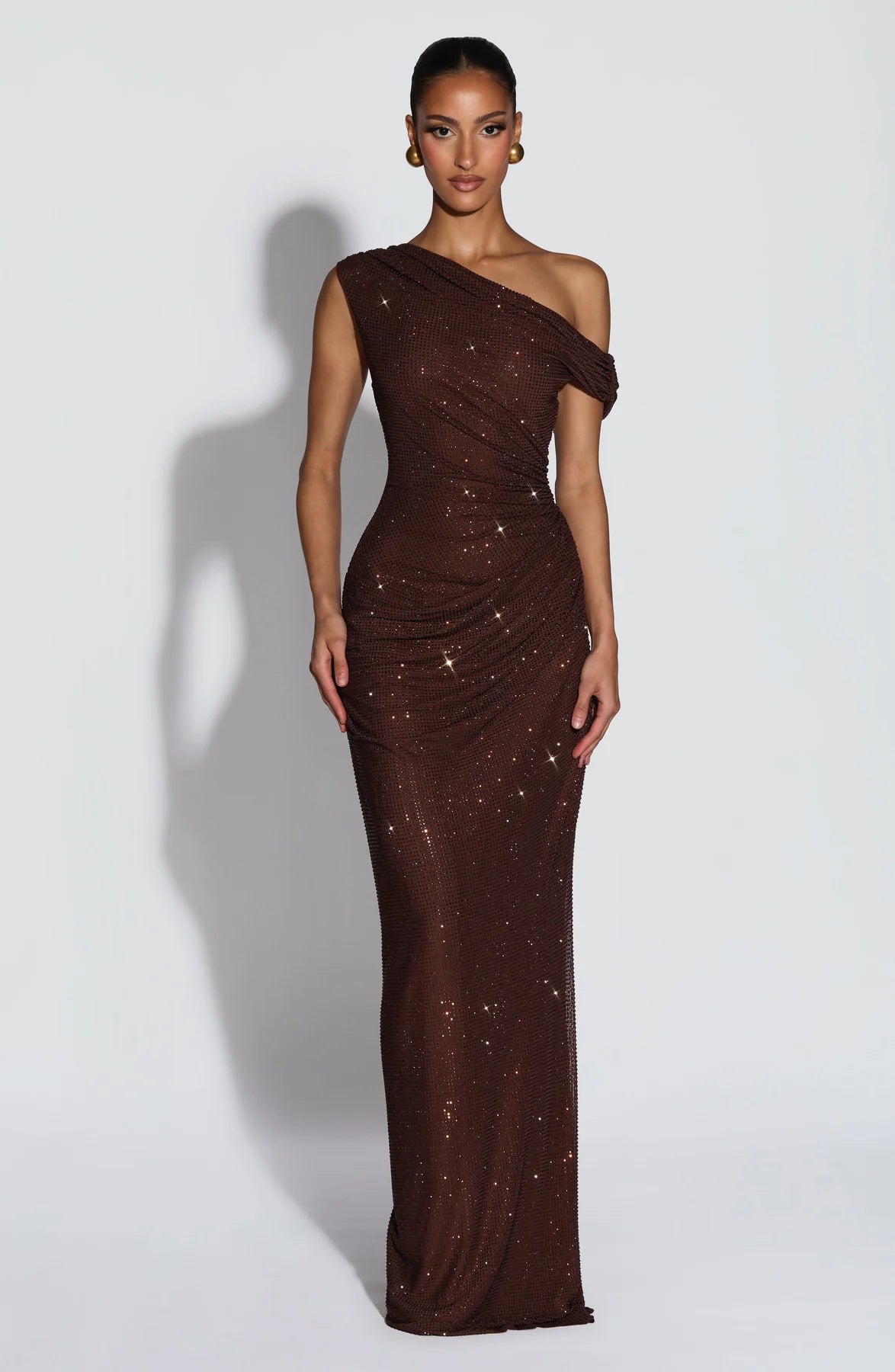 Celeste Shimmer Draped Off-Shoulder Maxi Gown