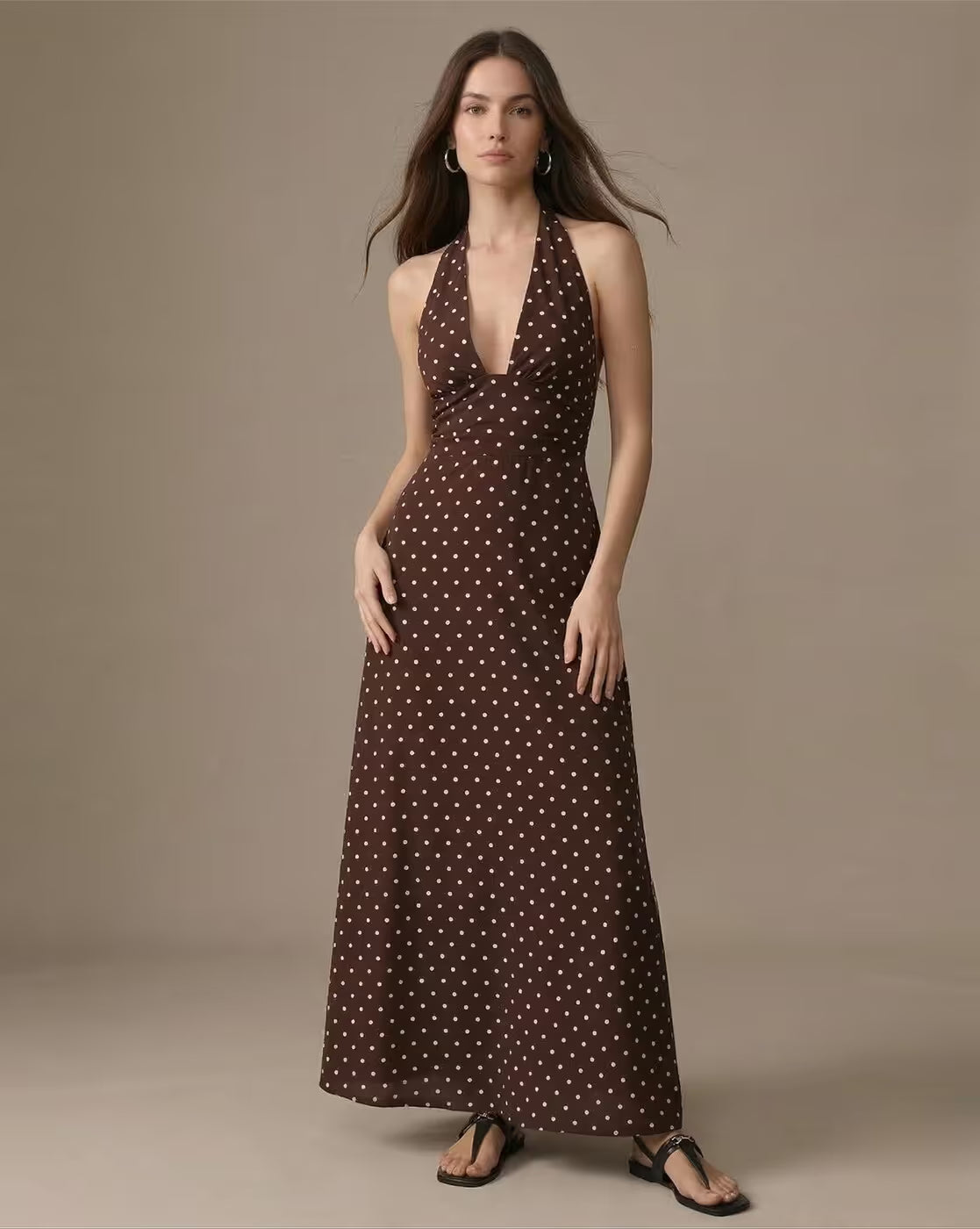 Marisol Polka Dot Halter Maxi – Backless Plunge Summer Dress – Aclosy