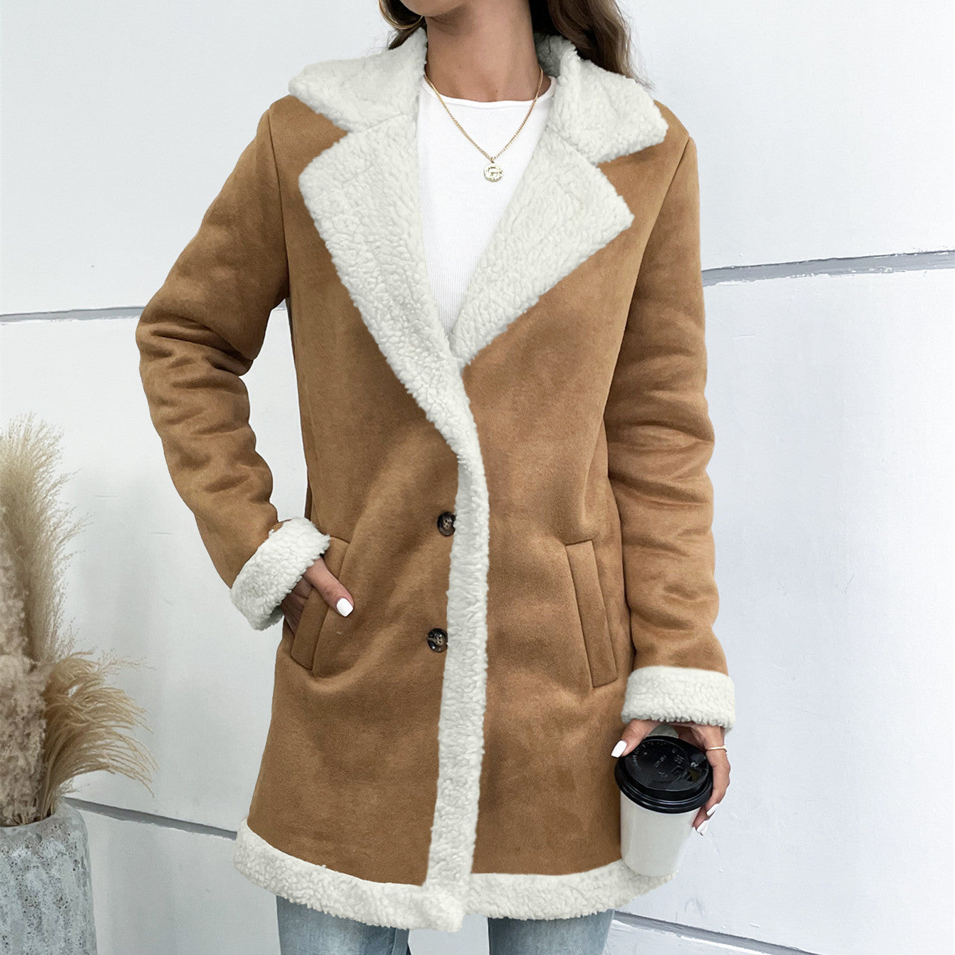 Long Sleeve Lapel Suede Elegant Woolen Coat aclosy