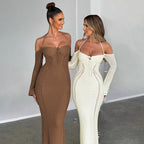 Back Lace Up Slim Fit Hollow Long Sleeve Dress Aclosy