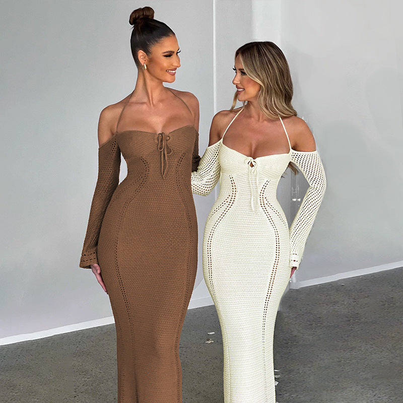 Back Lace Up Slim Fit Hollow Long Sleeve Dress Aclosy