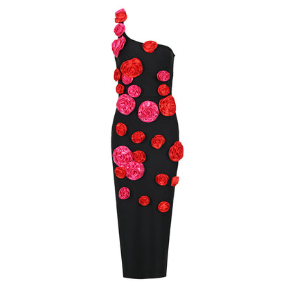 Alyia One Shoulder Red Rose Mid Dress