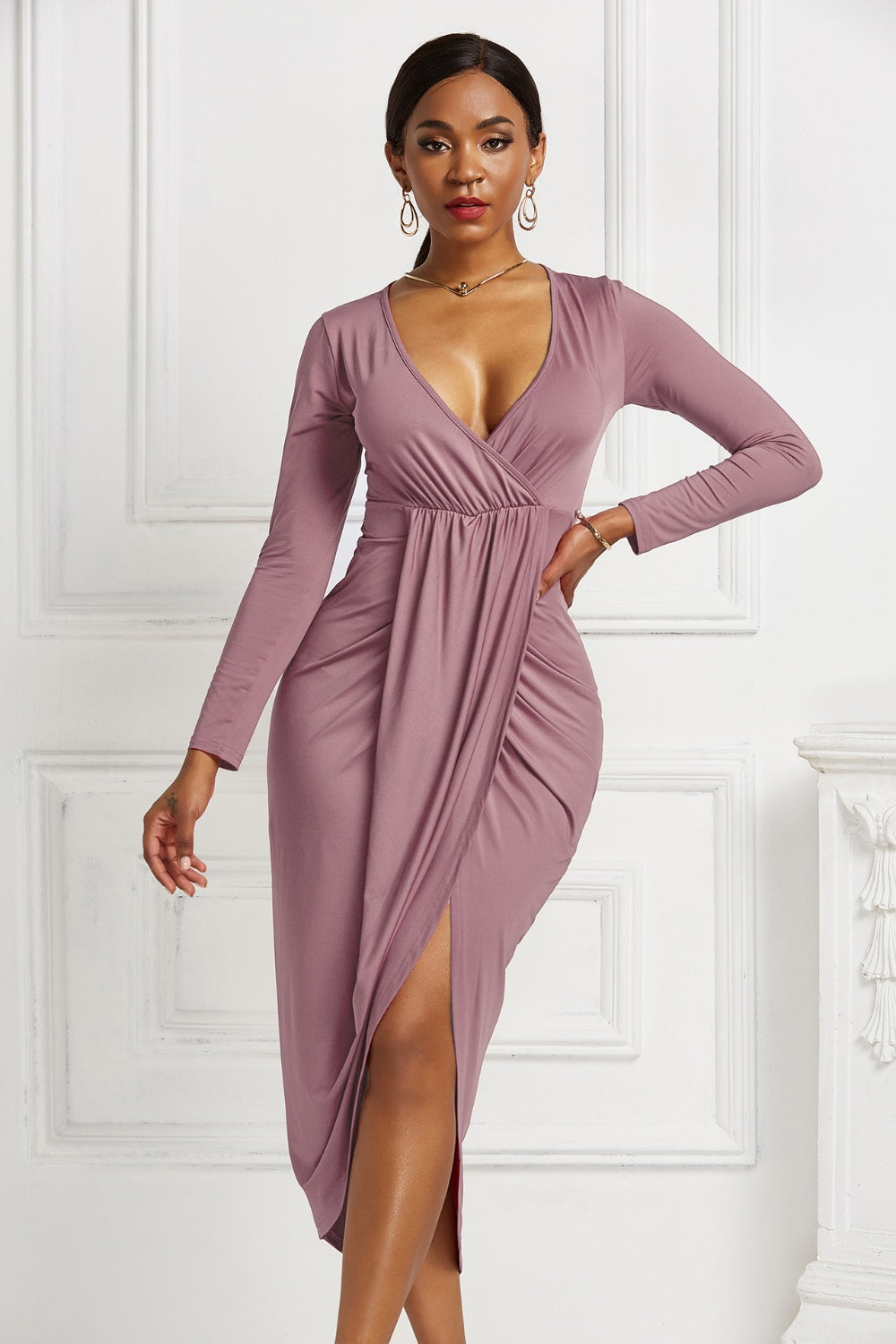 High-low Ruched Surplice Long Sleeve Dress Trendsi