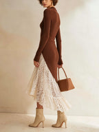 Sienna lace hem mock neck knit dress in brown - side view