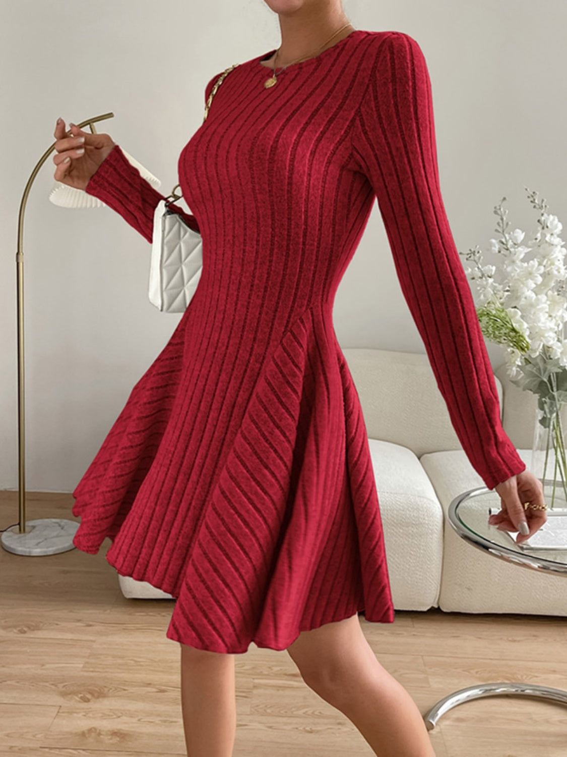 Ribbed Round Neck Long Sleeve Dress Trendsi