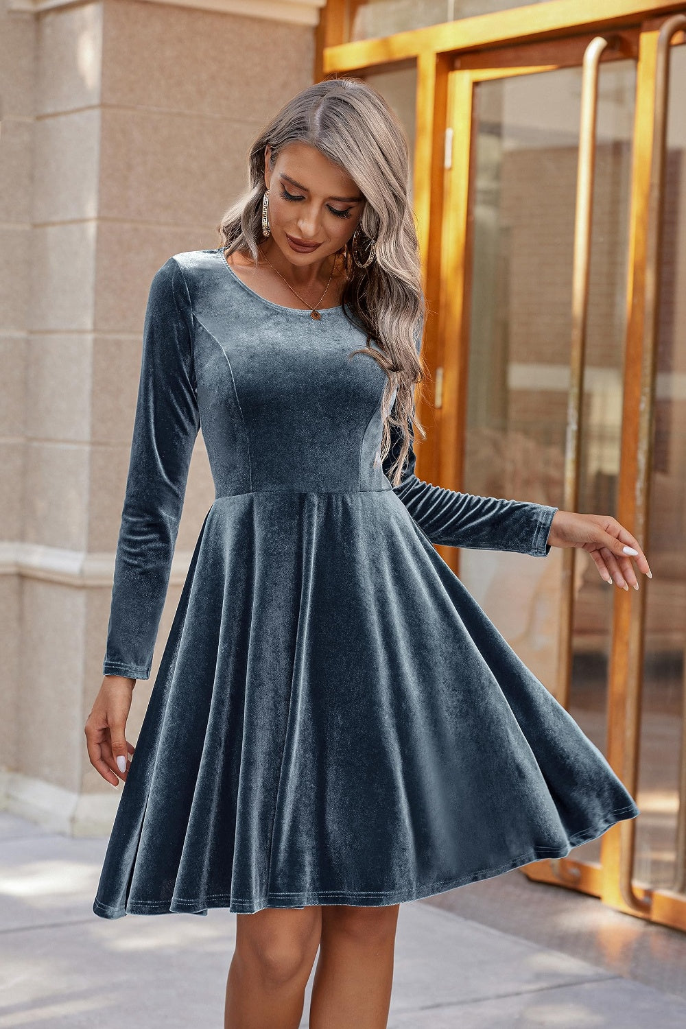 Round Neck Long Sleeve Knee Length Dress Trendsi