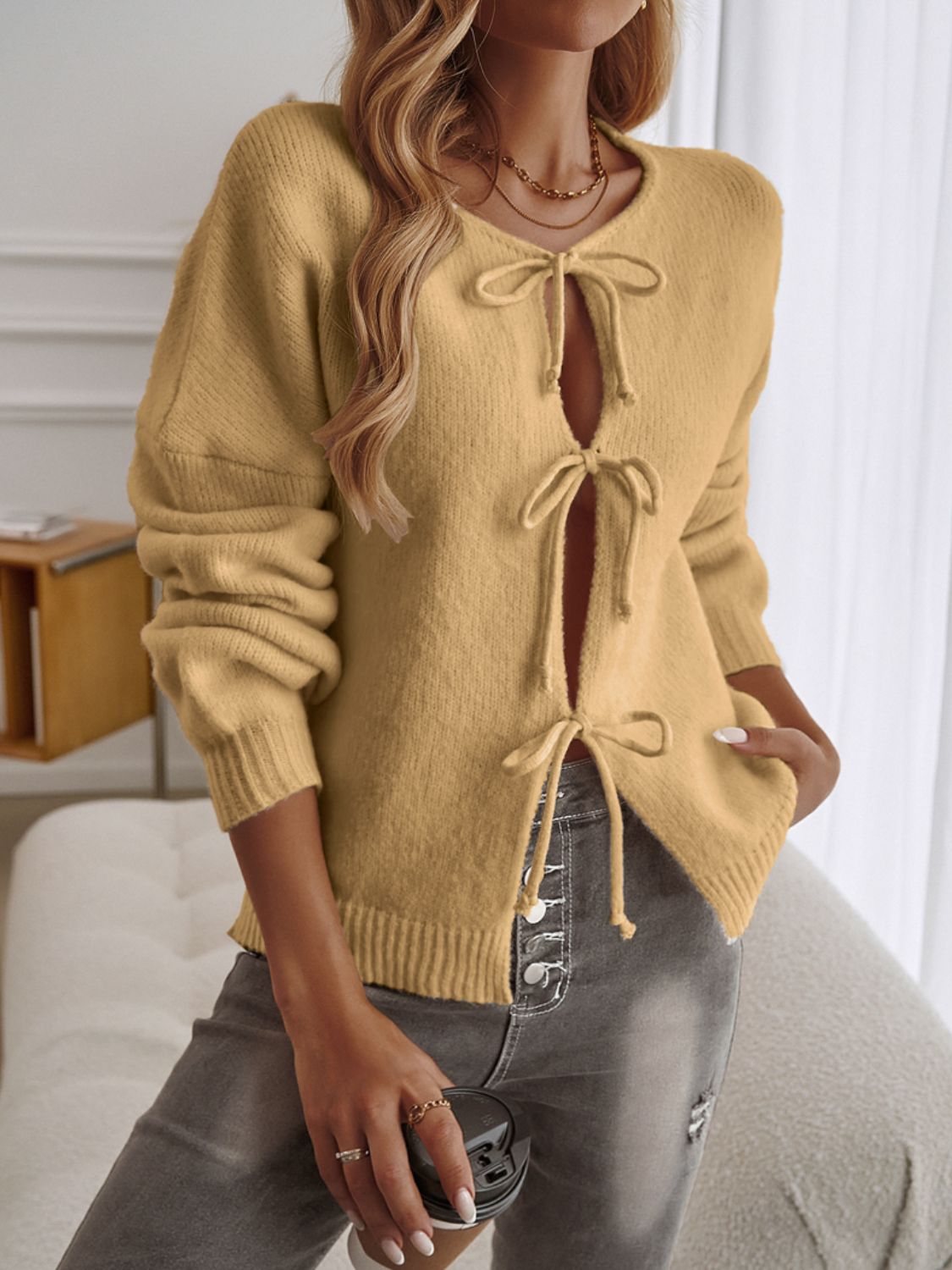 Devine Tied Round Neck Dropped Shoulder Cardigan Trendsi