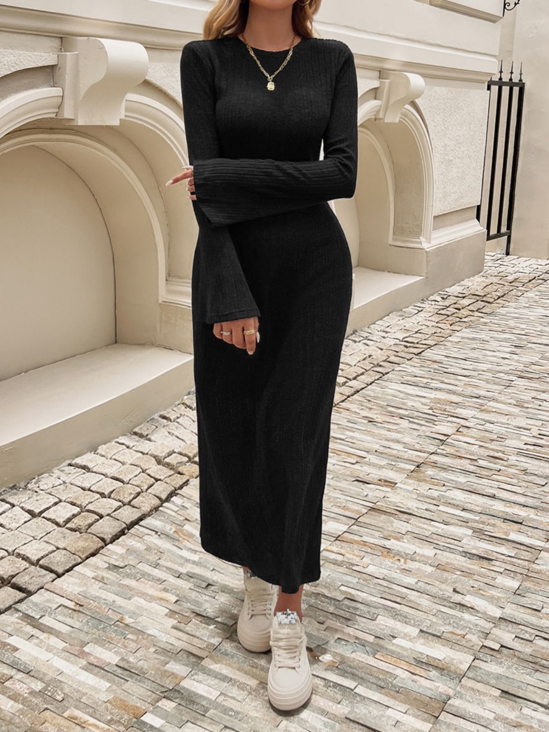 Devine Tied Round Neck Long Sleeve Midi Dress Trendsi