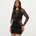 European And American Style Women's Summer New Fashion  Mesh Stitching Hollow Long Sleeve Slim Dress Wholesale aclosy