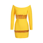 Yellow Long Sleeved Hollowed Out Chain Bandage Mini Dress Aclosy