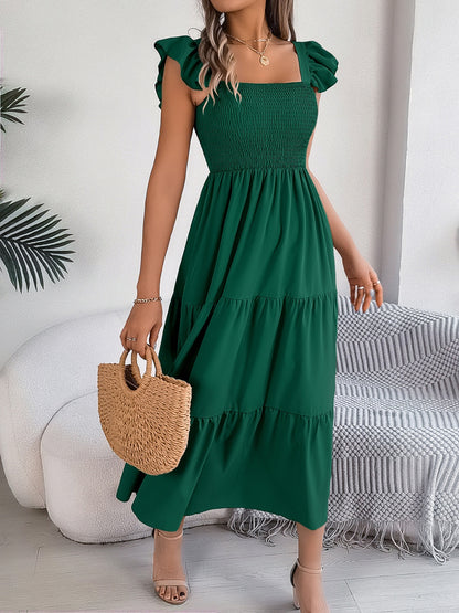 Smocked Square Neck Cap Sleeve Midi Dress Trendsi