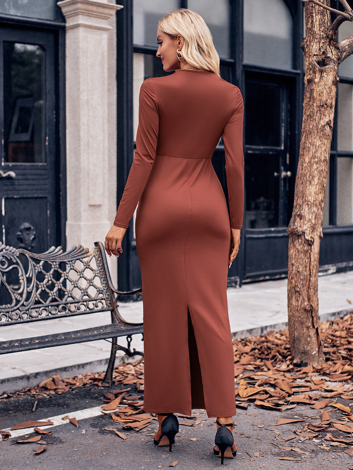 Slit Twisted Surplice Long Sleeve Dress Trendsi