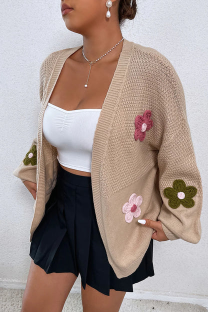 Floral Applique Drop Shoulder Open Front Cardigan Trendsi