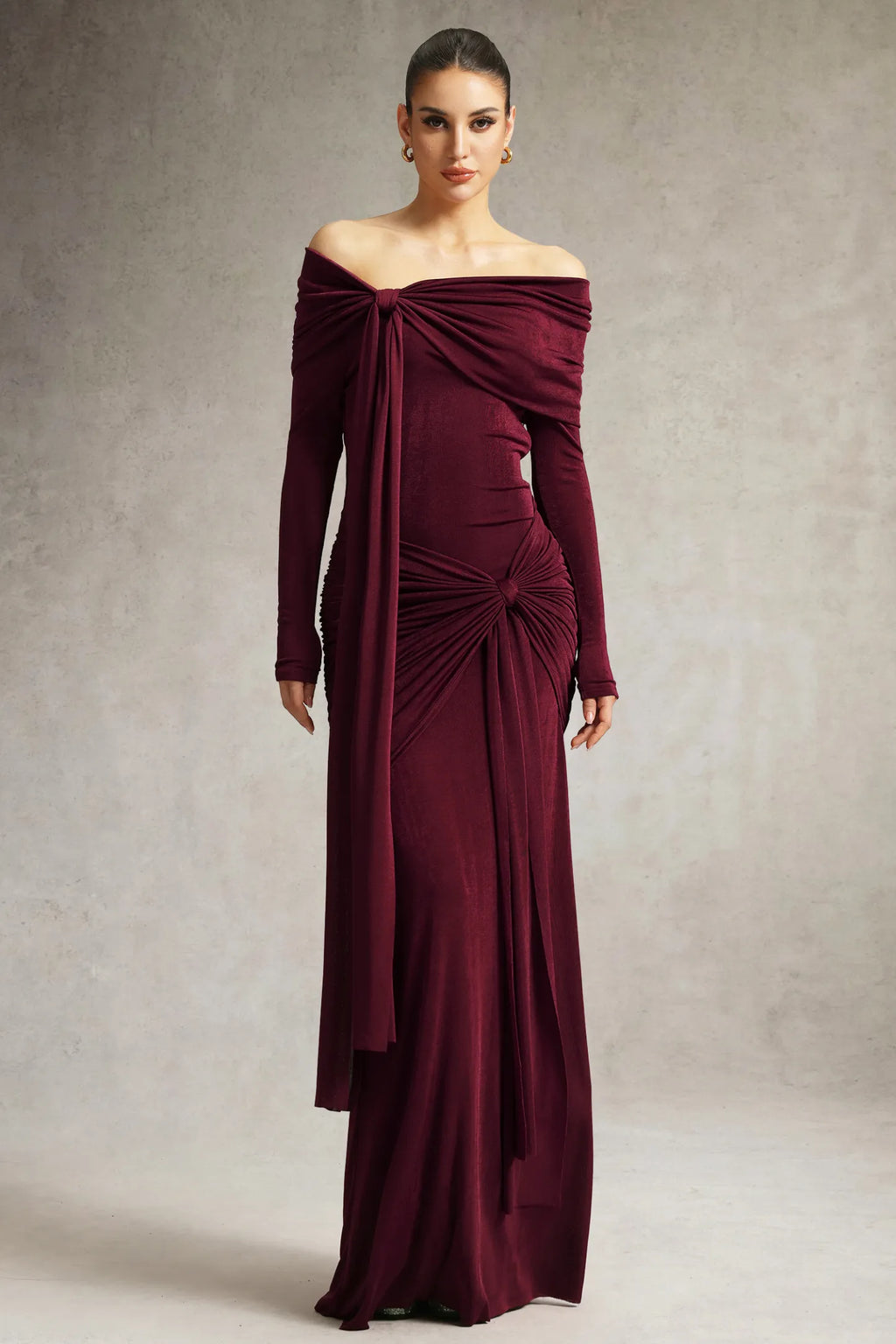 Chic Off-shoulder Long Sleeves Streamer Folds Maxi Dress