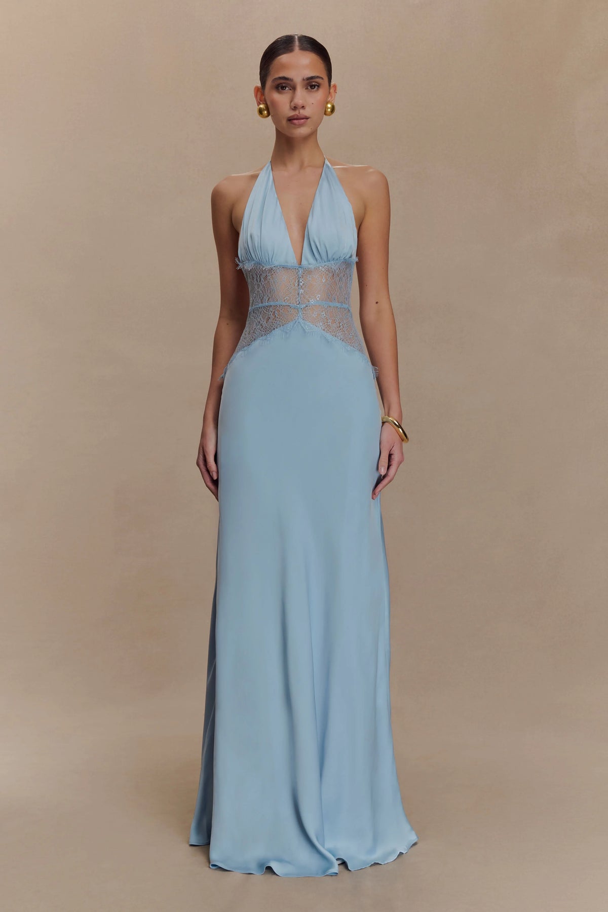 Aesha Backless Halter Dress with Deep V Neck, Satin Patchwork