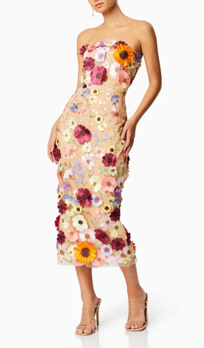 Chic strapless flower embroidered celeb dress