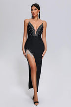 European And American New Suspender Bandage Dress Sexy Deep V Diamond Tassel Split Party Dress Aclosy