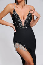 European And American New Suspender Bandage Dress Sexy Deep V Diamond Tassel Split Party Dress Aclosy