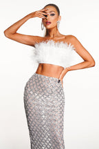Feather Trim Tube Top and Sequined Sheer Skirt Set Trendsi