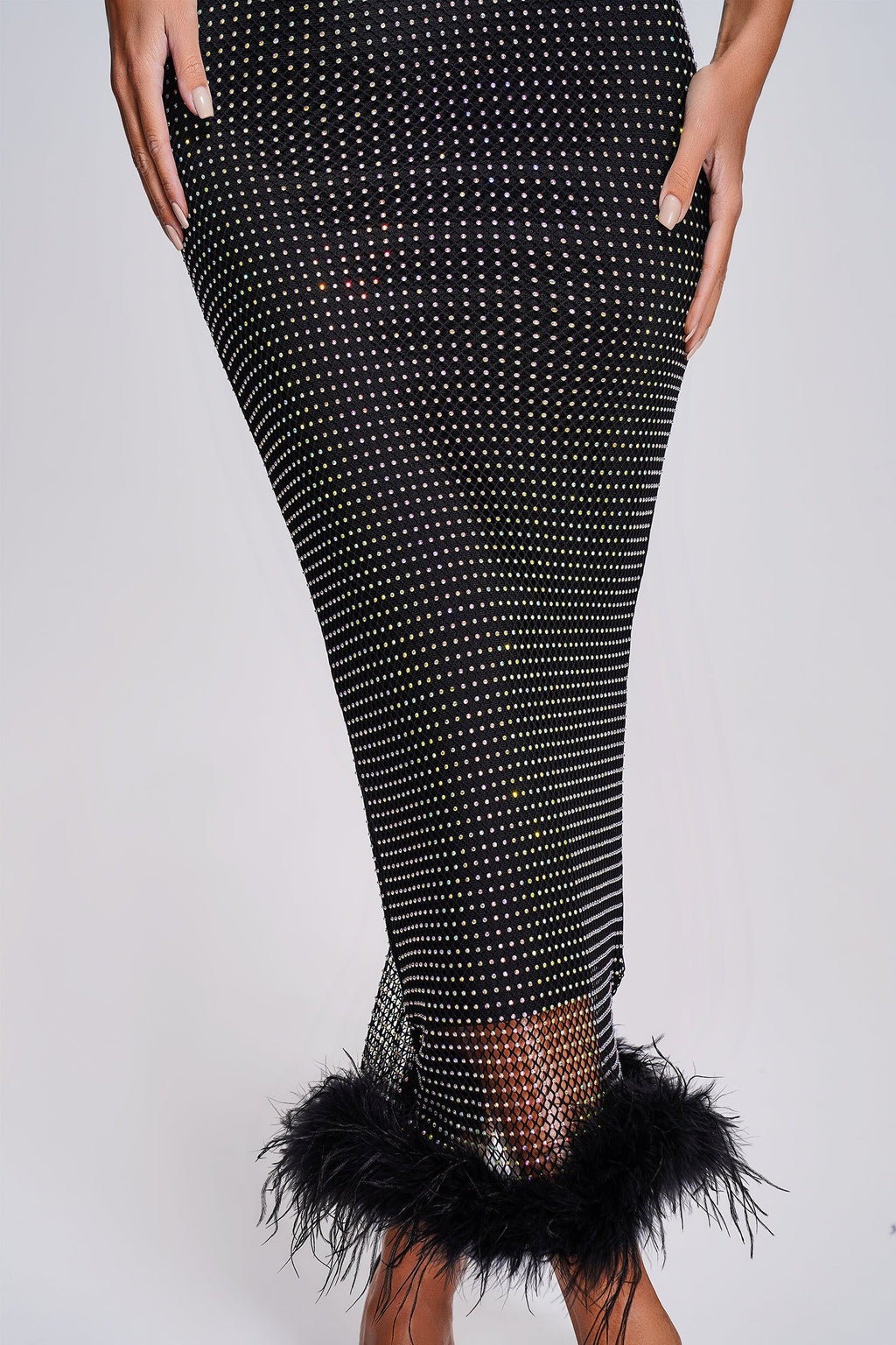 Full Diamond Feather Skirt Cross-shoulder Bag Hip Bandage One-piece Dress Aclosy