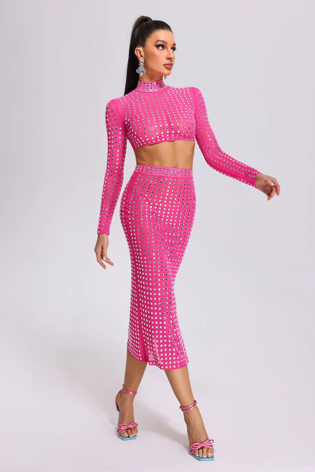 Hot Girl Women's Fashion Rivet Elastic Tight Skirt Suit aclosy