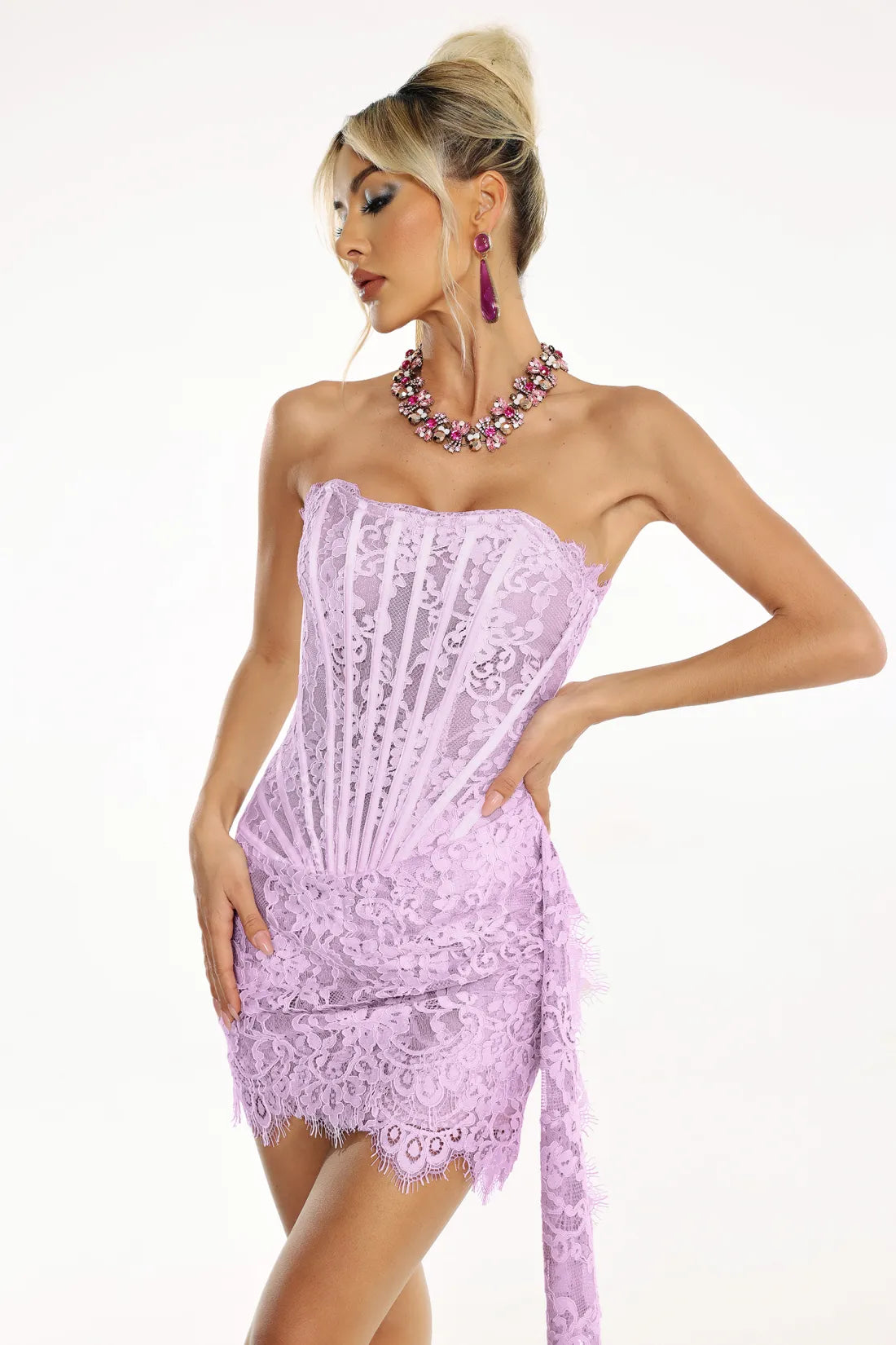 Alyia Lace Ruche Corset Celeb Dress-Purple Aclosy
