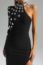 Gorgeous Affordable Luxury Slant Shoulder Long Sleeve Slim Fit Set Diamond Bandage One-piece Dress Aclosy