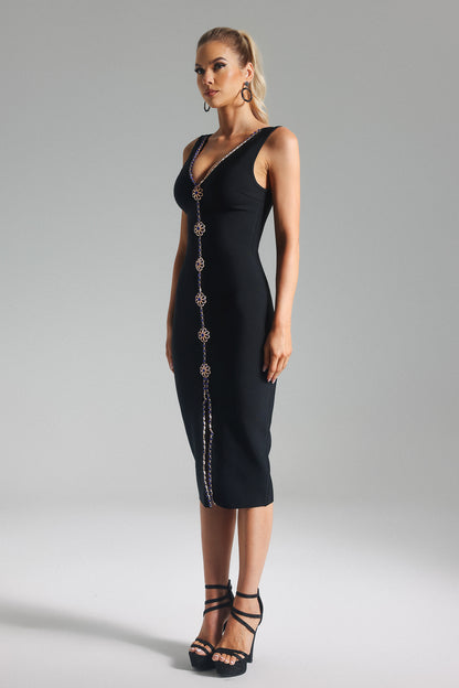 Venaly Rhinestone Bandage Black Dress
