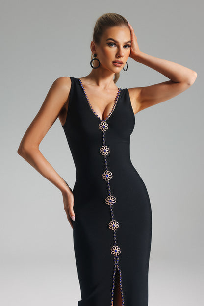 Venaly Rhinestone Bandage Black Dress