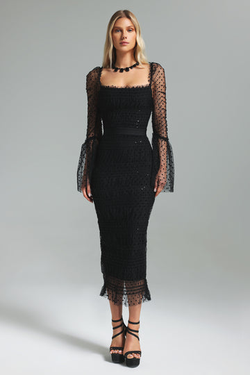 Polka Dot Black Mesh Midi Dress – Aclosy