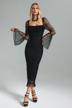 Polka Dot Black Mesh Midi Dress