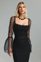 Polka Dot Black Mesh Midi Dress