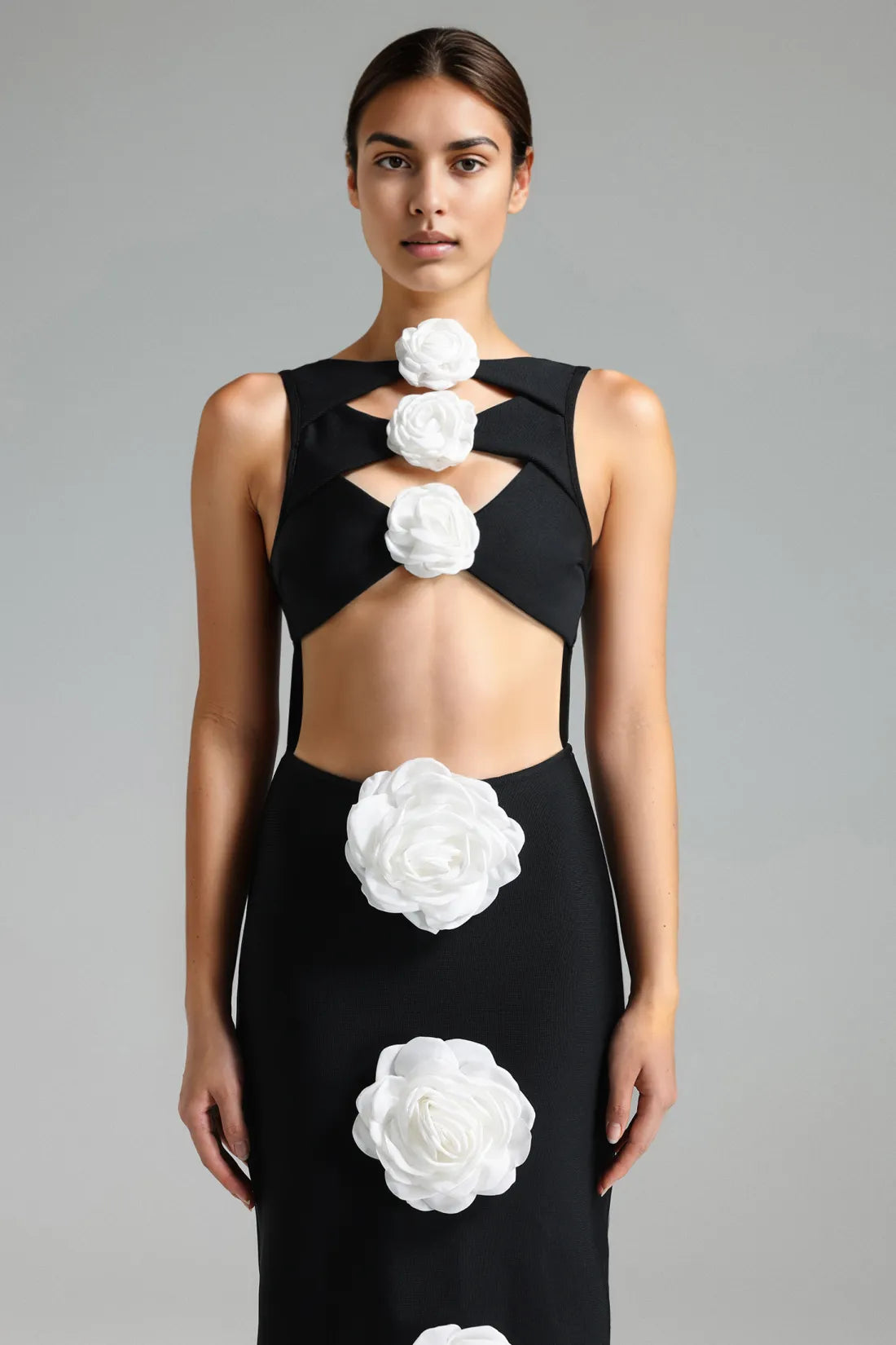 Sgen Rose Detail Black Bandage Midi Dress – Aclosy