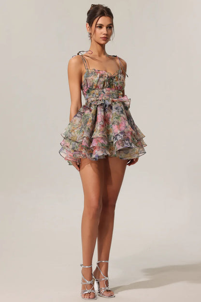 Kelly Sleeveless V-neck Lacing Flounce Mini Dress