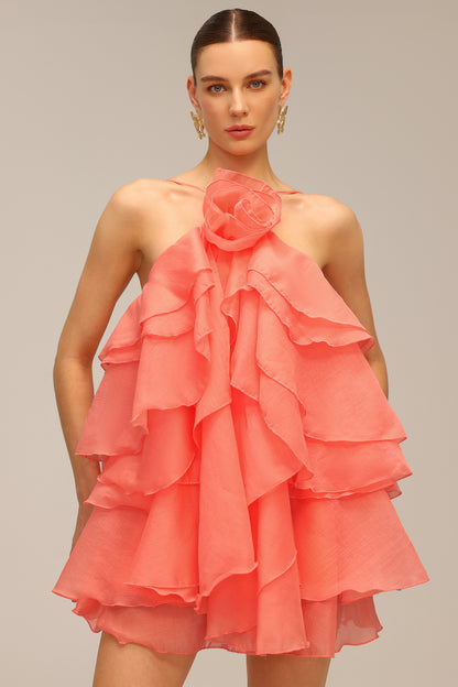 Halter flower lace-up sleeveless mini dress