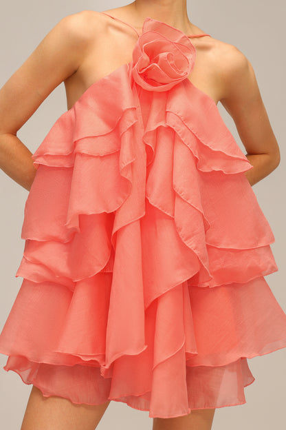 Halter flower lace-up sleeveless mini dress