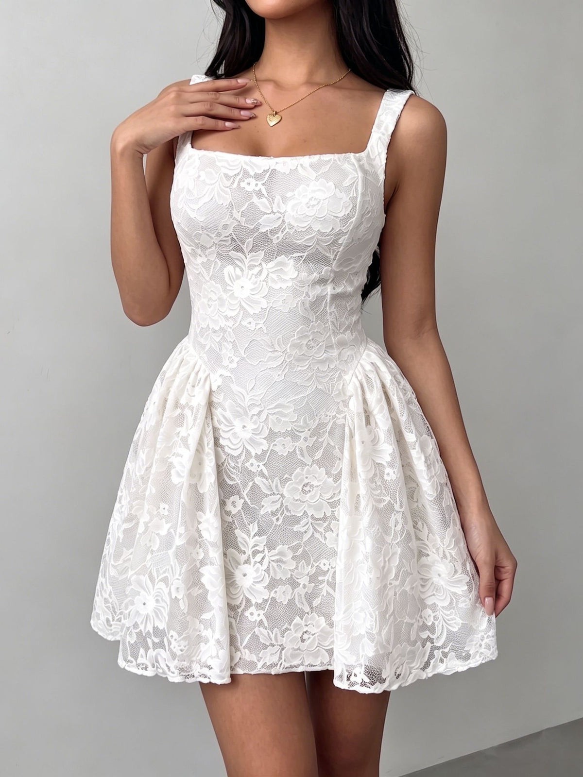 Lila Floral Lace Square-Neck Mini Dress