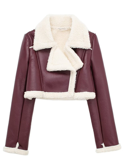 Collared Neck Long Sleeve Plush Cropped Jacket Trendsi