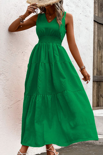 V-Neck Smocked Waist Sleeveless Tiered Dress Trendsi