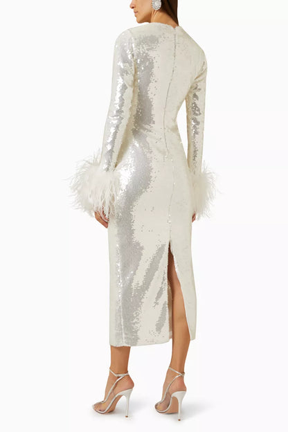 Casenia Feather Long Sleeve Sequins Dress