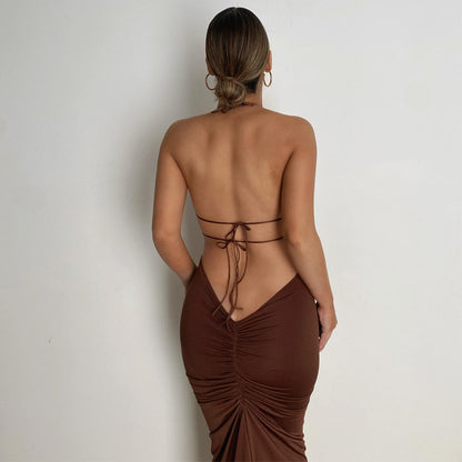 Solid Color  Back Halter Vest Stitching Lace Up Dress Suit Aclosy