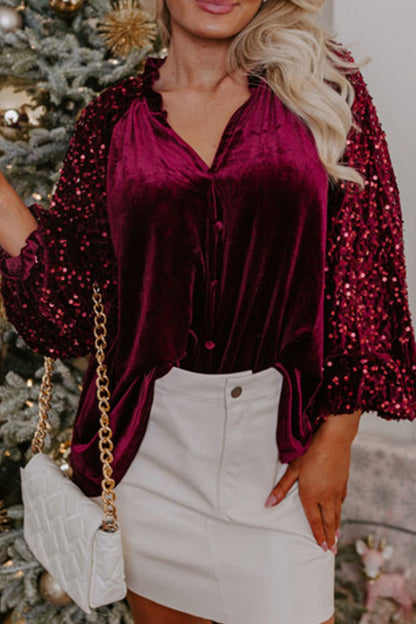 Sequin Notched Long Sleeve Blouse Trendsi