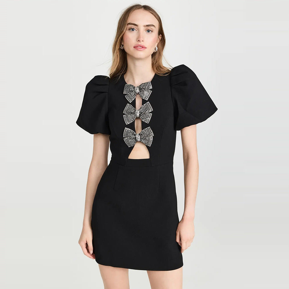 Tube Top Three Bowknot Connection Hollowed Fashion Puff Sleeve Sheath Bandage One-piece Dress aclosy