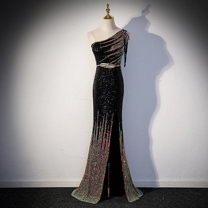 Dress Female Noble Temperament Design Sense Tassel Sequin Long Split Fishtail Skirt Banquet Aclosy