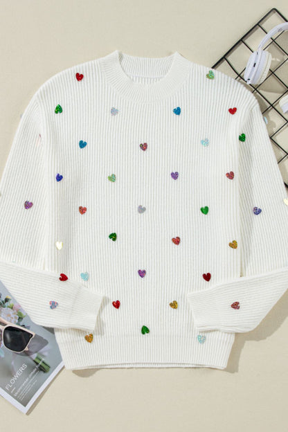 Heart Sequin Round Neck Long Sleeve Sweater Trendsi